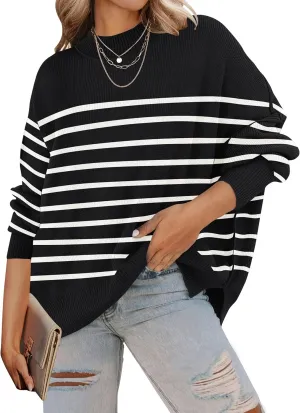 ZESICA Women's Fall Casual Long Sleeve Crew Neck Side Slit Oversized Ribbed Knit Pullover Sweater Tops