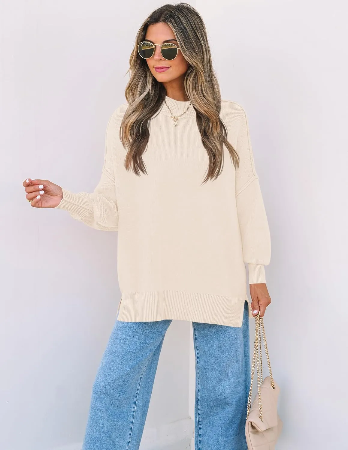 ZESICA Women's Fall Casual Long Sleeve Crew Neck Side Slit Oversized Ribbed Knit Pullover Sweater Tops