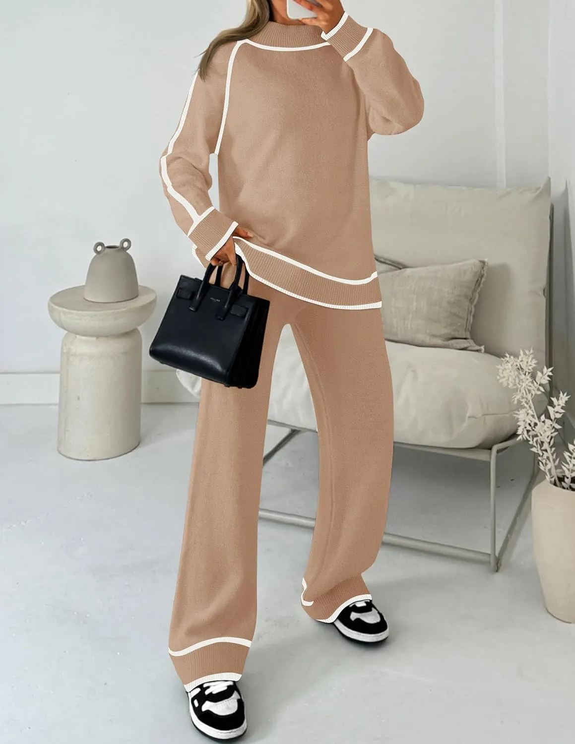 ZESICA Women's Two Piece Outfits Sweater Sets Long Sleeve Turtleneck Pullover Tops Wide Leg Pants Lounge Sets