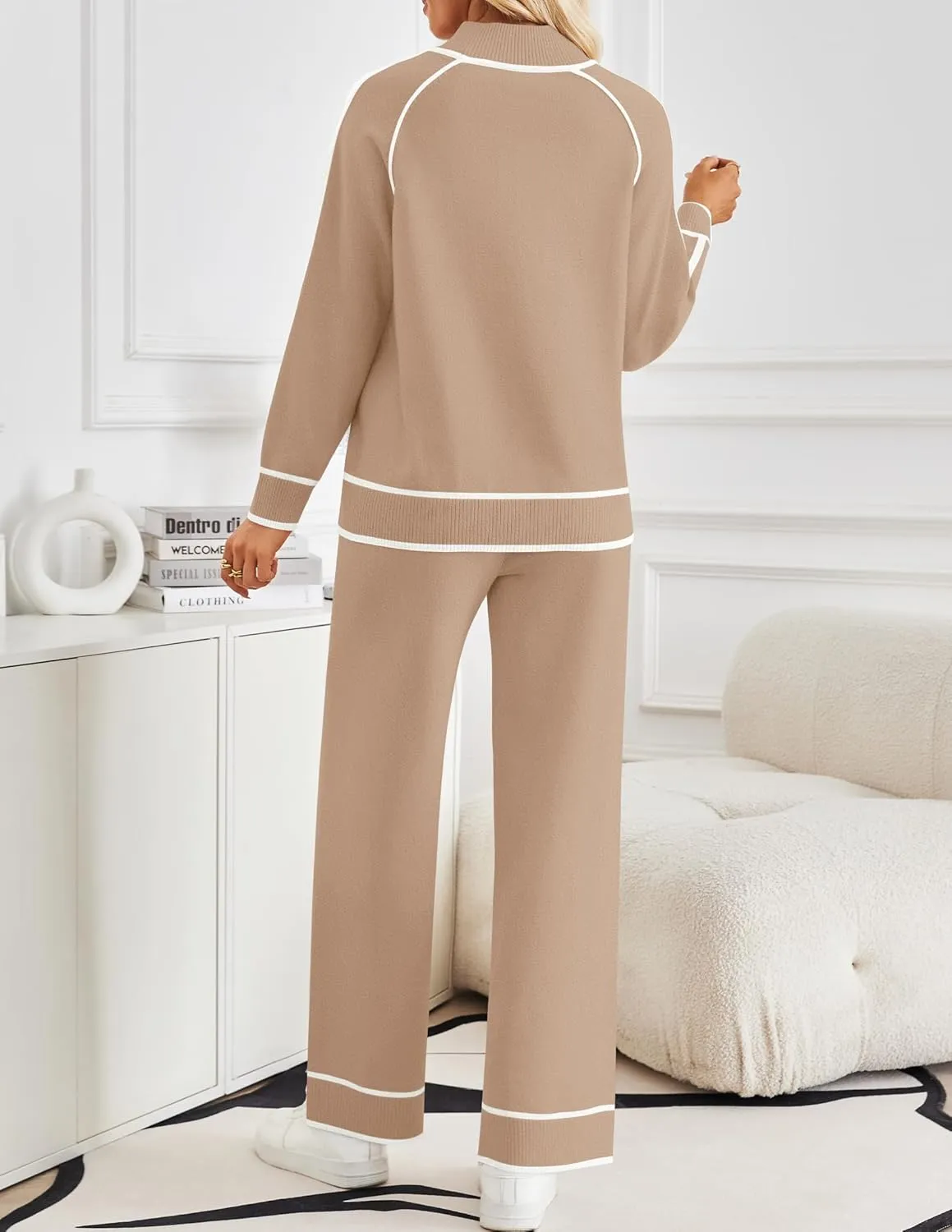 ZESICA Women's Two Piece Outfits Sweater Sets Long Sleeve Turtleneck Pullover Tops Wide Leg Pants Lounge Sets
