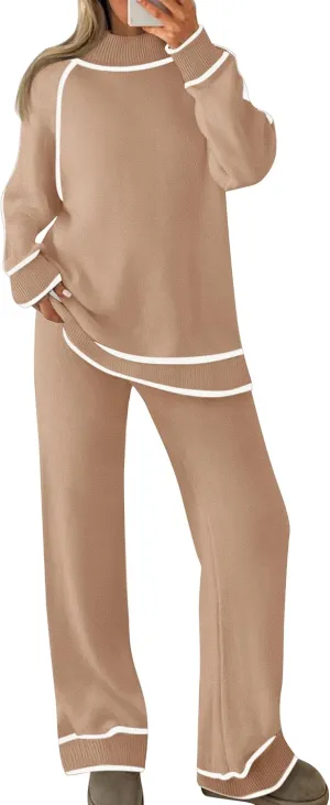 ZESICA Women's Two Piece Outfits Sweater Sets Long Sleeve Turtleneck Pullover Tops Wide Leg Pants Lounge Sets