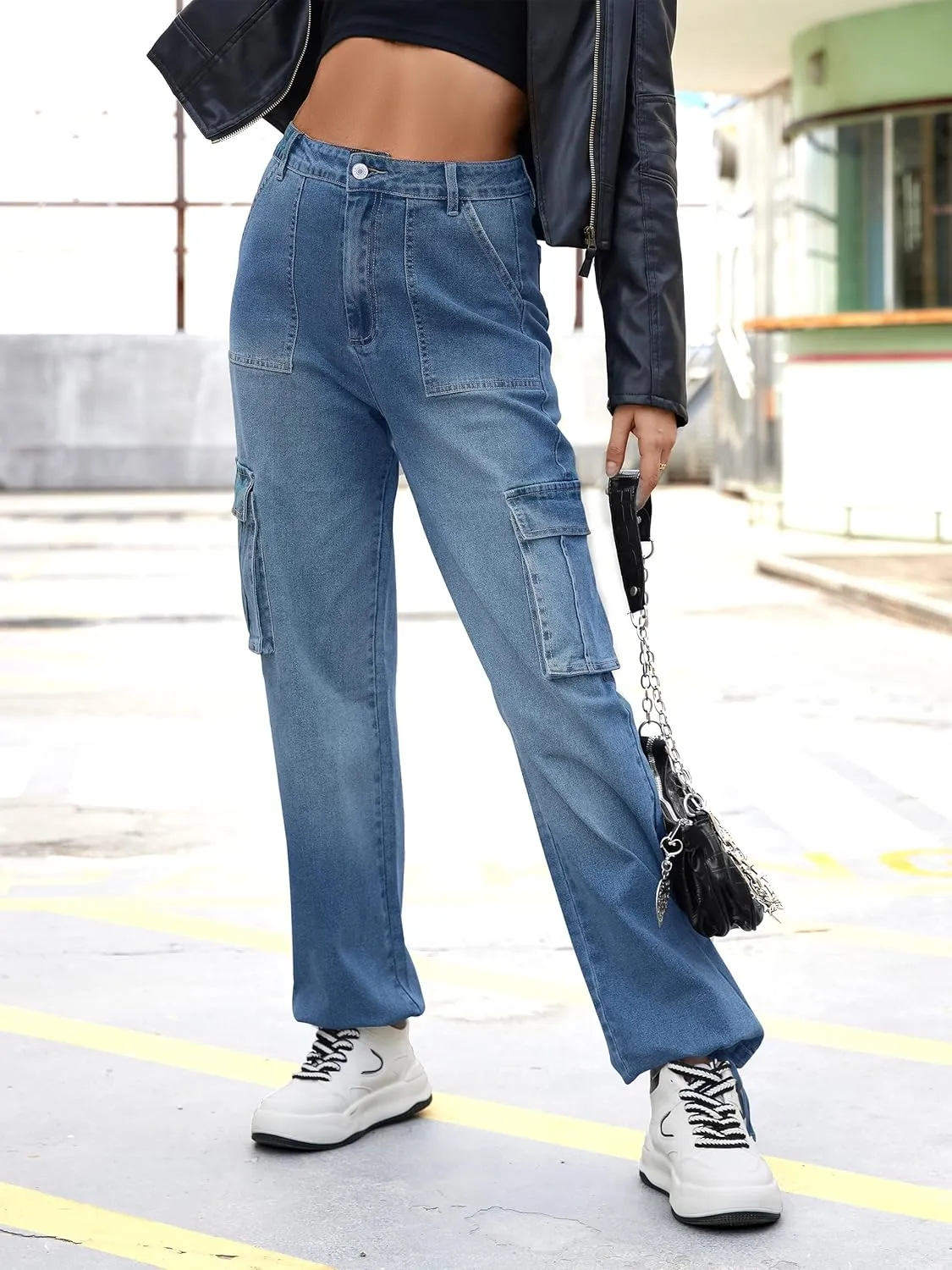ZMPSIISA Women High Waisted Cargo Pants Wide Leg Casual Pants 6 Pockets Combat Military Trousers