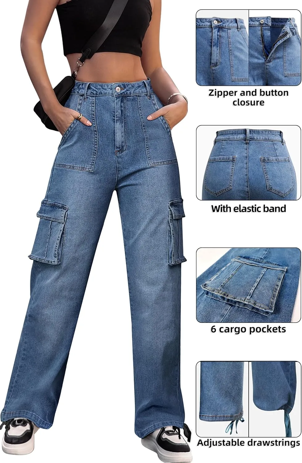 ZMPSIISA Women High Waisted Cargo Pants Wide Leg Casual Pants 6 Pockets Combat Military Trousers