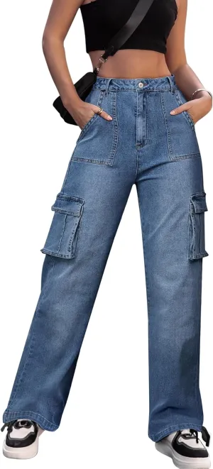 ZMPSIISA Women High Waisted Cargo Pants Wide Leg Casual Pants 6 Pockets Combat Military Trousers