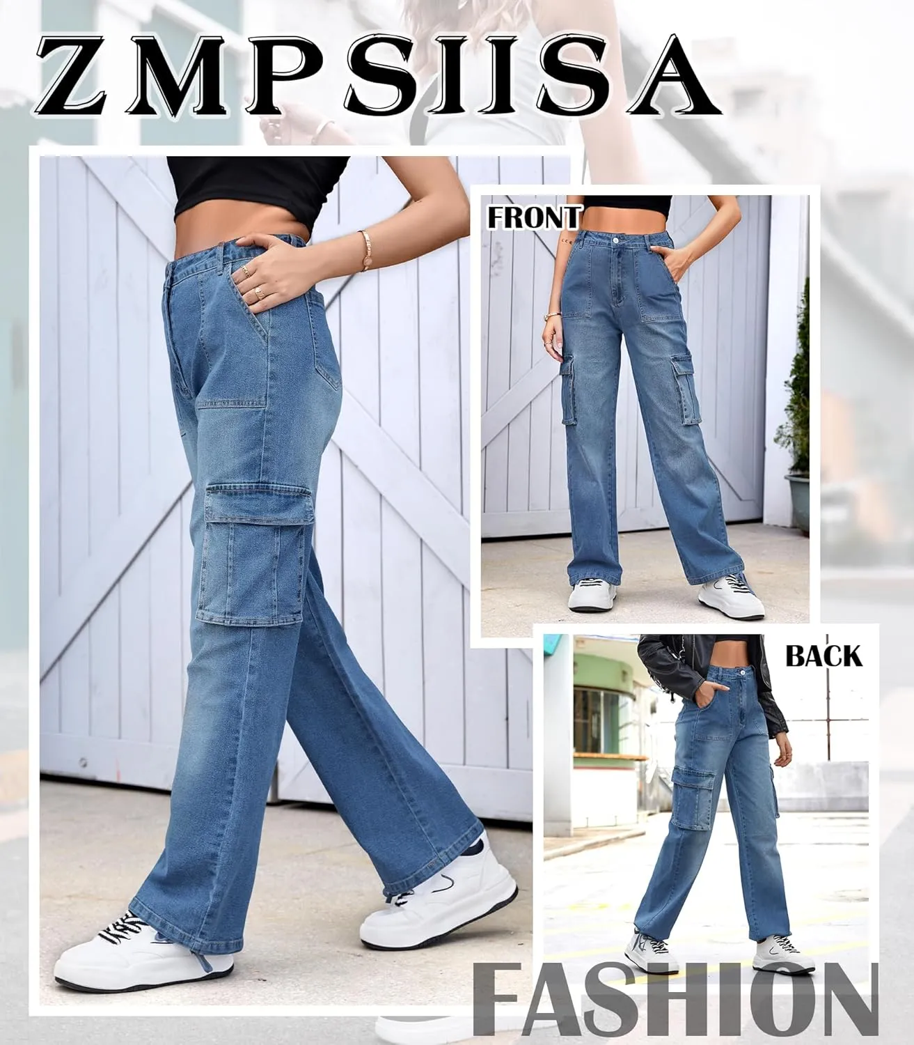 ZMPSIISA Women High Waisted Cargo Pants Wide Leg Casual Pants 6 Pockets Combat Military Trousers