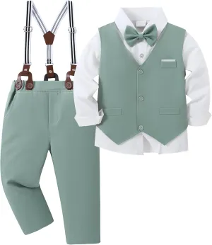 ZOEREA Boys Formal Suit Kid Clothes Gentleman Wedding Prom Outfit Long Sleeves Shirt Bowtie Vest Suspender Pants 6-10T