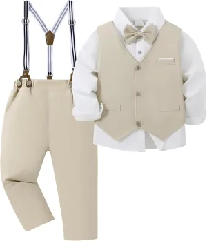 ZOEREA Boys Formal Suit Kid Clothes Gentleman Wedding Prom Outfit Long Sleeves Shirt Bowtie Vest Suspender Pants 6-10T
