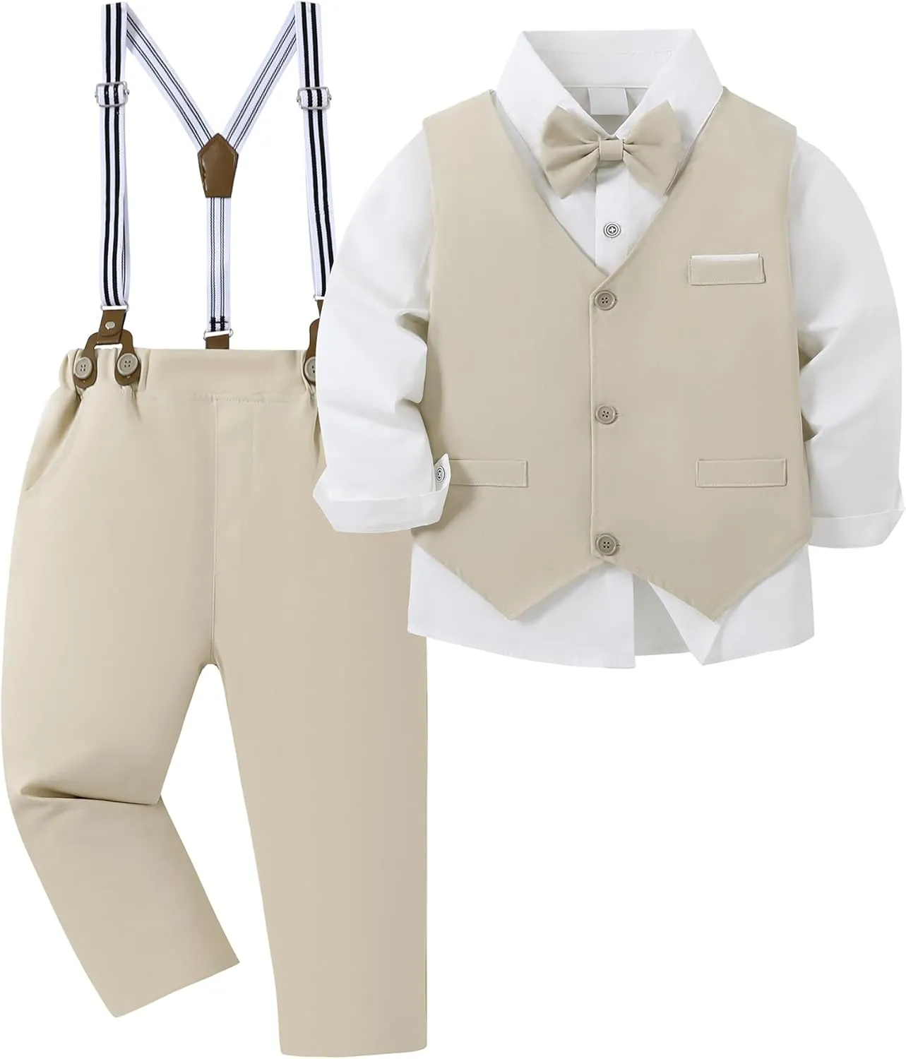 ZOEREA Boys Formal Suit Kid Clothes Gentleman Wedding Prom Outfit Long Sleeves Shirt Bowtie Vest Suspender Pants 6-10T