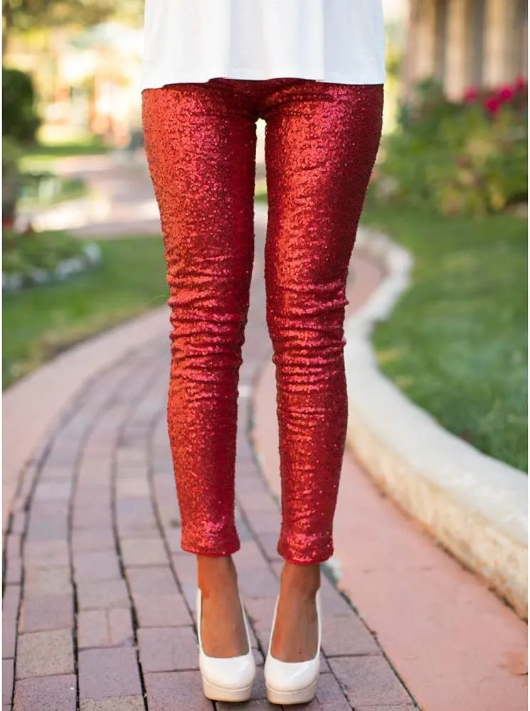 ZYXTIM Women's Shiny Sequin Petite Pants High Waist Stretchy Casual Hip Hop Club Wear Straight Leg Plus Size Pencil Pant