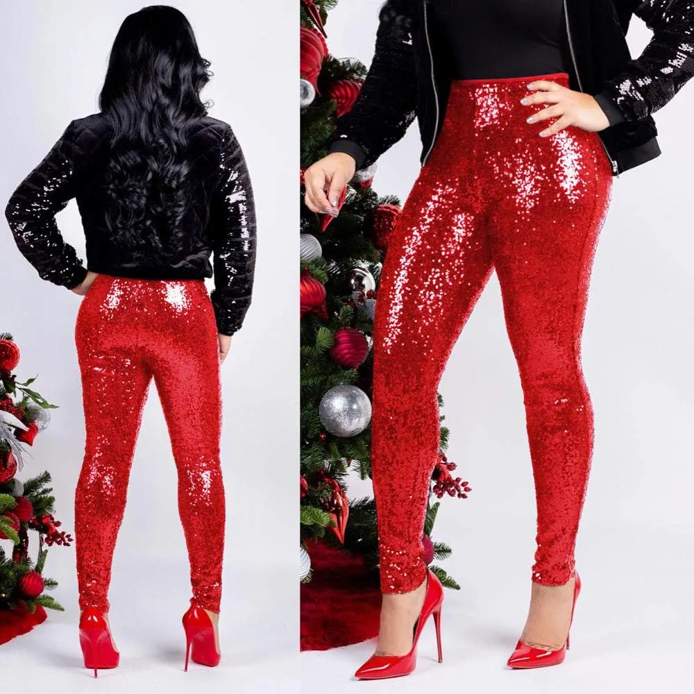 ZYXTIM Women's Shiny Sequin Petite Pants High Waist Stretchy Casual Hip Hop Club Wear Straight Leg Plus Size Pencil Pant