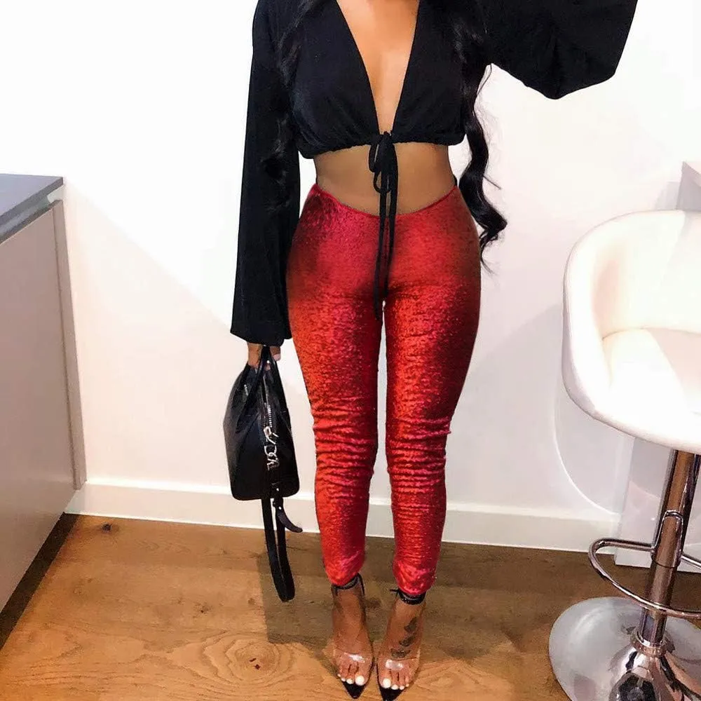 ZYXTIM Women's Shiny Sequin Petite Pants High Waist Stretchy Casual Hip Hop Club Wear Straight Leg Plus Size Pencil Pant